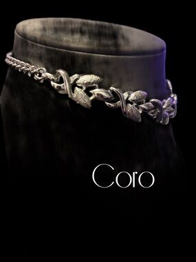 Vintage Hallmarked Coro Silver Leaf Collar Necklace 17” total